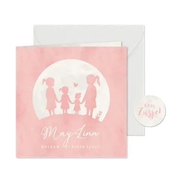 Lief geboortekaartje voor een 4e zusje met silhouetjes